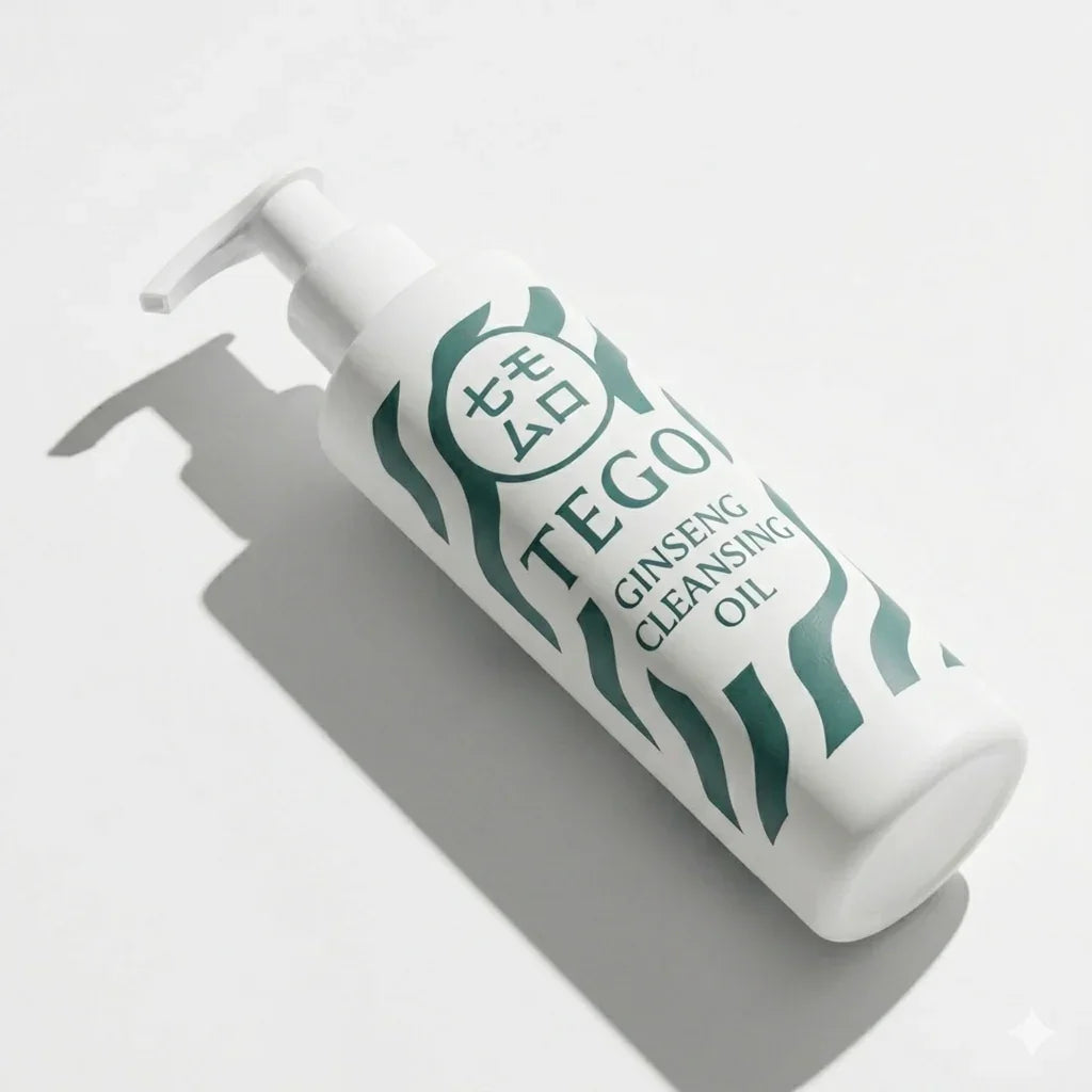 Flaska med pump, märkt 'Ginseng Cleansing Oil', vit bakgrund, hudvårdsprodukt