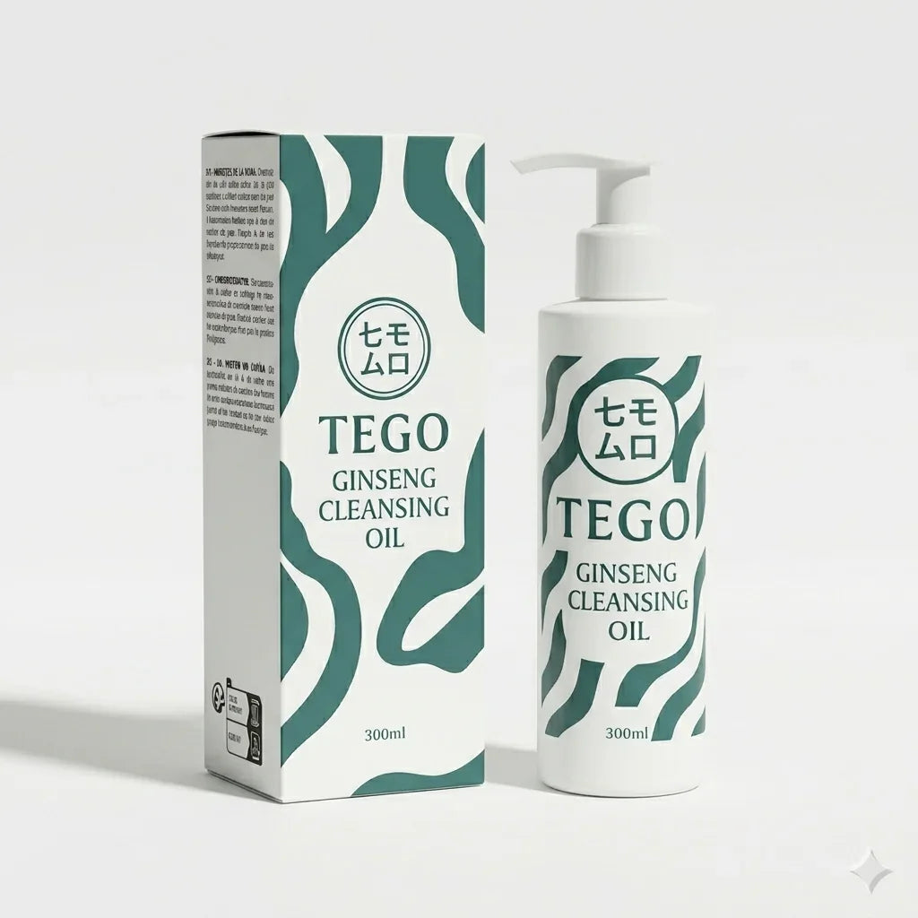 Tego Ginseng Cleansing Oil flaska och förpackning, minimalistisk design, hudvård